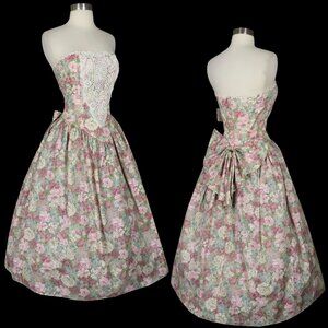 Vintage 80s 90s Strapless Floral Print Full Skirt Prom Garden Party Dress S NWT